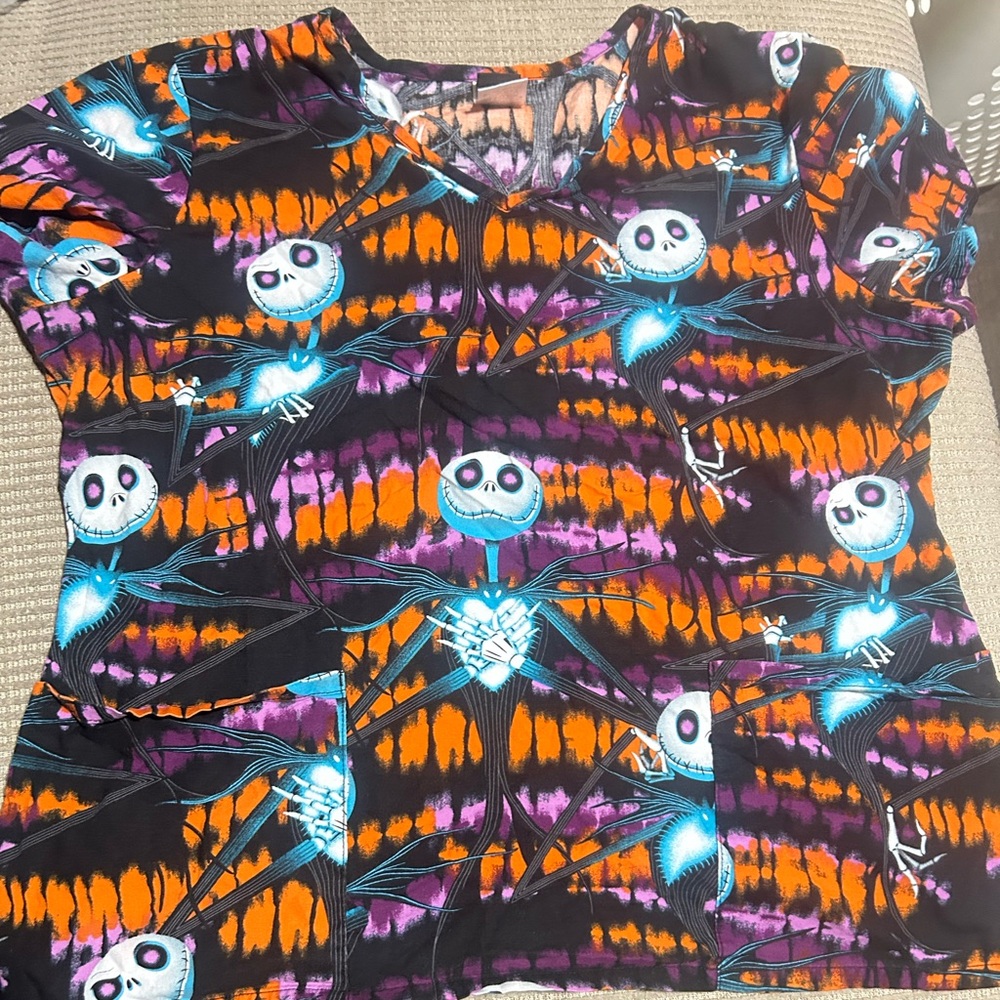 Disney scrub top Black Orange Purple Tie-Dye Jack Skellington Top